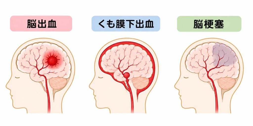 脳出血・くも膜下出血・脳梗塞それぞれの脳の状態を比較したイラスト