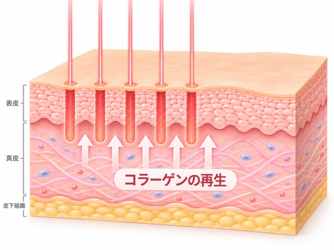 レーザーを細かい点状に照射し、皮膚内部でコラーゲンの再生を促すイメージ図