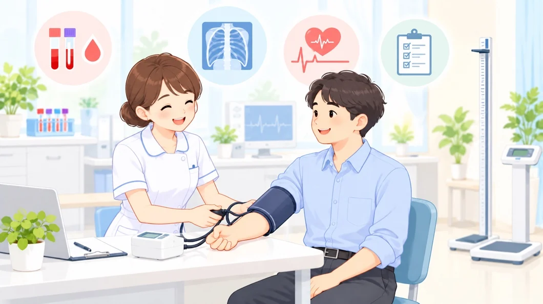 健康診断で血圧を測定している様子