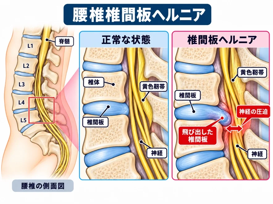 腰椎椎間板ヘルニアの図解：正常な状態と、飛び出した椎間板が神経を圧迫している状態