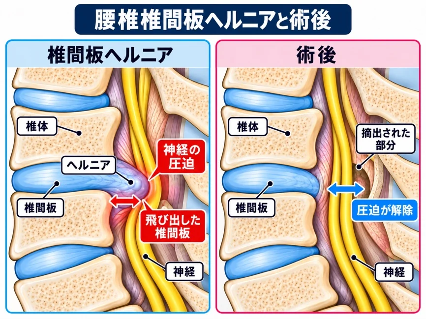 腰椎椎間板ヘルニアと術後の図解：神経を圧迫している椎間板を摘出し、圧迫が解除された状態