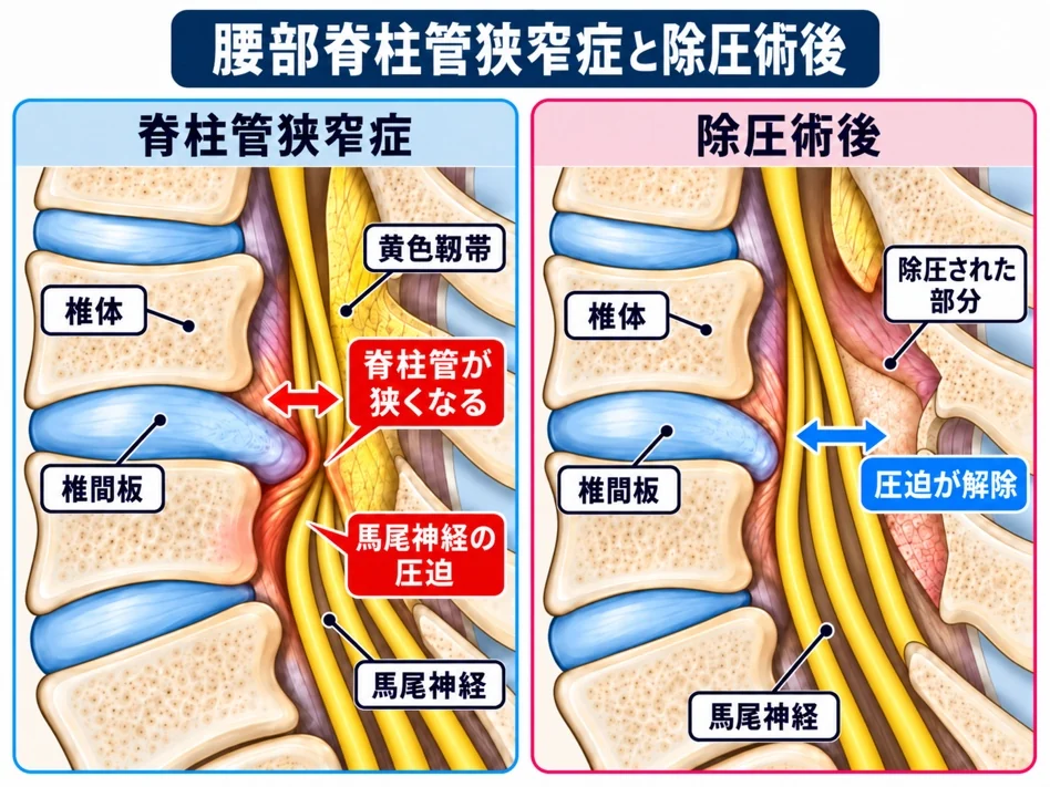 腰部脊柱管狭窄症と除圧術後の図解：神経を圧迫している骨や靱帯を取り除き、圧迫が解除された状態