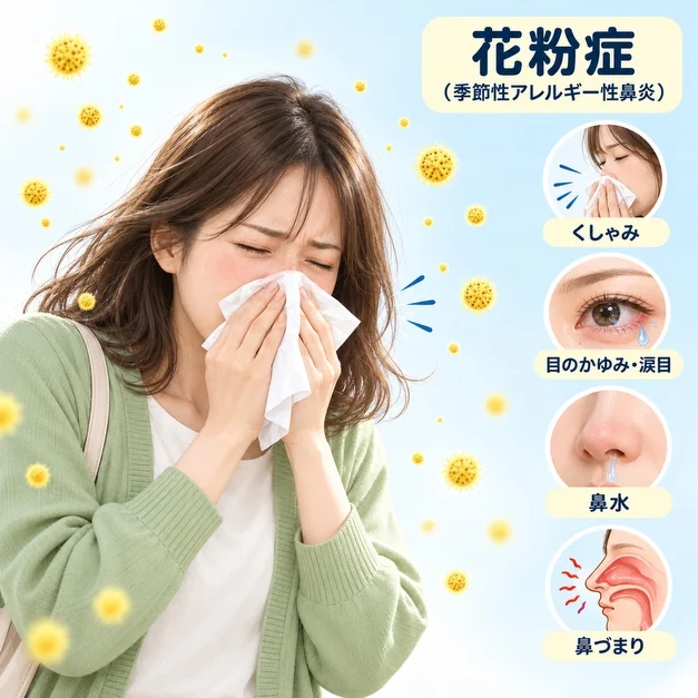 花粉症（季節性アレルギー性鼻炎）の症状：くしゃみ・目のかゆみ・鼻水・鼻づまり